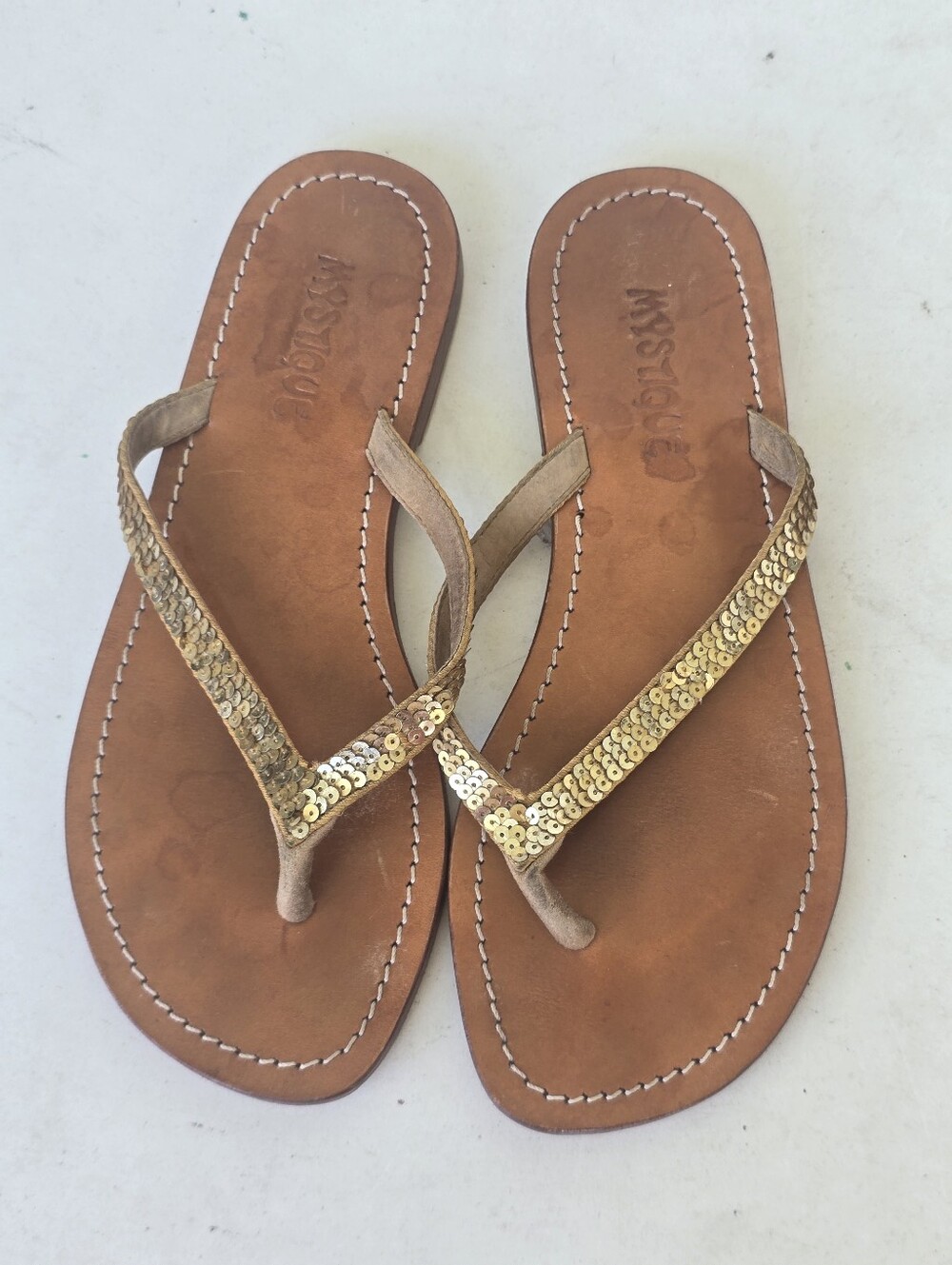 Mystique Gold Sequin Leather Flip Flop Thong Sandals Made Indonesia Sz 7 Women